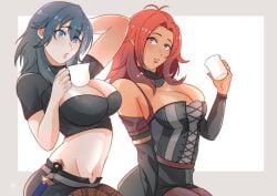 2girls arm_up blue_eyes breasts byleth_(fire_emblem) byleth_(fire_emblem)_(female) cleavage cleavage_cutout clothing_cutout cup dark-skinned_female dark_skin female female_only fire_emblem fire_emblem:_three_houses fire_emblem_warriors:_three_hopes hapi_(fire_emblem) highres ihsnet large_breasts lips looking_at_viewer medium_hair multiple_girls navel nintendo official_alternate_costume official_alternate_hairstyle pantyhose shorts teal_hair upper_body