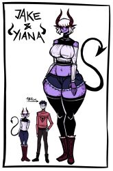 1male ass_expansion boots breast_expansion demon demon_girl demon_horns demon_tail giantess gigantic_ass gigantic_thighs growth huge_ass huge_breasts huge_thighs larger_female purple_skin short_shorts shorts succubus taller_girl thighhighs turtleneck white_hair wide_hips woahbeme yiana