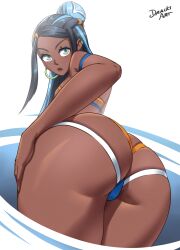 1girls 2022 ass ass_focus breasts dark-skinned_female dark_skin dracksart eyebrows female female_focus female_only hair_bun hand_on_own_thigh hand_on_thigh looking_at_viewer looking_back nessa_(pokemon) nintendo pokemon pokemon_ss simple_background solo solo_female thick_thighs thighs white_background