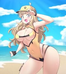 1girls absurdres ahoge alternate_costume beach blonde_hair breasts bridal_gauntlets cleavage covered_navel cowboy_shot female female female_only fire_emblem fire_emblem_fates grey_eyes hat highleg highleg_swimsuit highres holding holding_clothes holding_hat jarckius large_breasts leaning_forward long_hair looking_at_viewer nintendo one-piece_swimsuit open_mouth ophelia_(fire_emblem) smile swimsuit twitter_username underboob visor wide_hips yellow_swimsuit