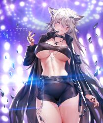 1girls animal_ears azto_dio big_breasts curvaceous curvy_female curvy_figure erect_nipples latex_jacket long_hair looking_back nipple_bulge nipples_visible_through_clothing original original_character seductive_look seductive_smile silver_hair tagme voluptuous voluptuous_female