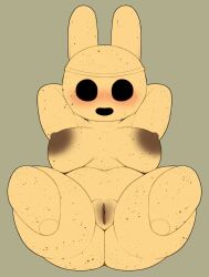 animal_crossing areola ass big_areola big_breasts blush breasts chubby_female coco_(animal_crossing) empty_eyes female genitals gyroid lagomorph leporid looking_at_viewer mammal mob_face nintendo nipples nude pururing pussy rabbit simple_background solo tan_body thick_thighs video_games