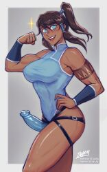 1girls absurd_res athletic avatar_the_last_airbender big_breasts breasts chinese_clothes clothing dark_skin eyelashes eyeliner female female_only hi_res iahfy korra large_breasts leotard long_hair makeup muscular muscular_female owler smooth_skin strap-on strapon the_legend_of_korra