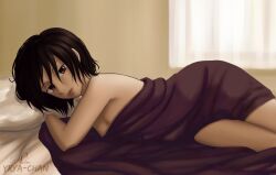 attack_on_titan convenient_censoring mikasa_ackerman nude_female short_hair tousled_hair under_sheets waking_up yrya-chan