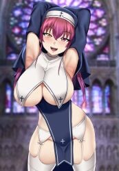 1girls 2022 :d absurdres armpits arms_up breast_curtains breasts cleavage detached_sleeves female female_focus female_only garter_belt habit heart heart-shaped_pupils heterochromia highres hololive hololive_fantasy hololive_japan houshou_marine huge_breasts long_hair looking_at_viewer nun pelvic_curtain red_eyes red_hair smile solo solo_female symbol-shaped_pupils thighhighs virtual_youtuber white_garter_belt white_thighhighs xkit69 yellow_eyes