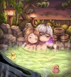 1boy 1girls bath breasts chibi closed_eyes completely_nude evomanaphy female fire_emblem fire_emblem_awakening fire_emblem_heroes grima_(fire_emblem) group_bathing kiran_(fire_emblem) kiran_(fire_emblem)_(female) lamp large_breasts male mouthless night nintendo no_mouth nude nude_female nude_male onsen outdoors partially_submerged robin_(fire_emblem) robin_(fire_emblem)_(male) short_hair straight wholesome