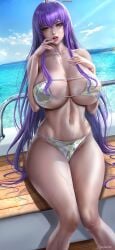 1girls big_breasts bikini blue_eyes breasts eyepatch_bikini highschool_of_the_dead lexaiduer light-skinned_female light_skin purple_hair saeko_busujima silver_bikini solo sweat sweatdrop swimsuit water