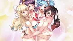 4girls :p alternate_costume bangs bare_shoulders big_ass bikini black_panties blonde_hair blue_bikini blue_bra blue_eyes blue_hair blush bow bra breast_press breasts brown_eyes brown_hair charlotte_(fire_emblem) cleavage commission embarrassed female female_only fire_emblem fire_emblem_fates frown gradient_hair hair_bun hair_ornament hair_over_one_eye hair_stick hairbow heart_pasties heterochromia highres kagero_(fire_emblem) large_breasts lingerie lips long_hair looking_at_viewer multicolored_hair multiple_girls ninja open_mouth orochi_(fire_emblem) panties pasties peri_(fire_emblem) pink_bikini pink_bra pink_hair ponytail purple_eyes purple_hair red_bikini red_bra red_eyes simple_background smile smug swimsuit symmetrical_docking thong tongue tongue_out topless twintails two-tone_hair underwear warabe_(waraghi) wavy_hair white_bikini white_bow white_panties yuri