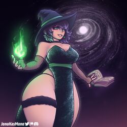 1girls big_ass big_breasts big_butt black_hair blue_hair book choker clothed clothed_female clothes clothing dress emerald_(jonohasmono) fishnet_gloves fishnets flame flames garter green green_clothing green_eyes happy_female hips huge_ass huge_breasts huge_thighs jonohasmono lingerie magic magic_user magical_girl purple_hair short_hair sorceress thick_ass thick_thighs thighs thunder_thighs wide_hips witch witch_hat