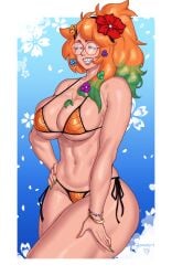 beach big_breasts bikini bracelet commission flower_in_hair freckles glasses green_hair hawaiian_flower heterochromia oc orange_hair original_character painted_nails pointy_nose pokko_(artist) red_glasses sharp_teeth summer swimsuit tropical ylene_(demiurgecrystallin)