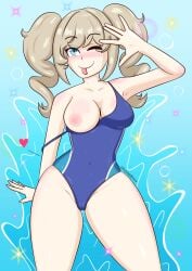 barbara_(genshin_impact) cameltoe competition_swimsuit dripping dripping_pussy exposed_breasts genshin_impact legs nun one-piece_swimsuit ponytail purplelilpenny smile sweat swimsuit swimwear teasing tongue_out water wink