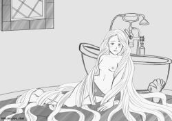 bathroom black_and_white blush breasts_exposed clumsy disney disney_princess legs_tied monochrome nipples rapunzel sketch tangled topless_female very_long_hair yrya-chan