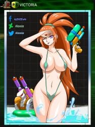 allexxiss almost_naked metal_slug metal_slug_attack orange_hair sling_bikini snk tagme victoria_(metal_slug) water watergun