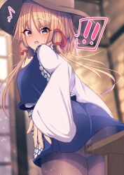 ! !! ass bangs black_pantyhose blonde_hair blush clothed_masturbation clothes_lift crotch_rub darumoon female female_masturbation female_only highres indoors long_sleeves masturbation masturbation_through_clothes medium_hair moriya_suwako open_mouth panties panties_under_pantyhose pantyhose parted_bangs purple_skirt purple_vest pussy_juice shirt skirt skirt_lift skirt_set sleeves_past_wrists solo spoken_exclamation_mark suwako_moriya table table_humping touhou turtleneck underwear vest white_panties white_shirt wide_sleeves yellow_eyes