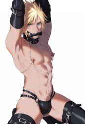 belt bit_gag blonde_hair blue_eyes cloud_strife eilinna femboy final_fantasy final_fantasy_vii gag gagged kneeling looking_at_viewer male male_only muscular muscular_male nipple_piercing pretty_boy slave slave_collar slaveboy spiky_hair square_enix thong tied_up