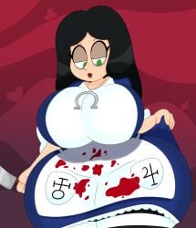 1girls 3barts alice_(madness_returns) alice_in_wonderland alice_liddell alice_madness_returns american_mcgee's_alice big_breasts black_hair blood_stain breasts clothing female female_only green_eyes huge_breasts solo thick_thighs thunder_thighs wide_hips