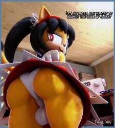 1futa 3d :3 amber_eyes anthro ass background balls big_ass big_butt black_hair bulge clothing dialogue digital_media_(artwork) domestic_cat dress eyelashes felid feline felis ftg_crossgender fti_crossgender fully_clothed futa_focus futa_only futanari gynomorph hair_accessory hairband headband hi_res honey_the_cat intersex looking_at_viewer looking_back looking_back_at_viewer mammal panties pov pov_eye_contact sega sewing sewing_machine skirt solo sonic_(series) sonic_the_fighters sonic_the_hedgehog_(series) tahlian thick_thighs twintails underwear upskirt white_panties wings working yellow_body yellow_fur