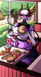 1boy1girl bbw clothing demon eating femdom food giantess gigantic_ass gigantic_thighs growth huge_ass huge_breasts huge_thighs hyper_ass large_breasts larger_female purple_hair red_eyes restaurant shorts smaller_male smothering squish stockings succubus taller_girl thighhighs white_hair woahbeme yiana