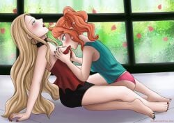 2girls biting_clothes blush choker foreplay grabbing_breasts hoop_earrings imminent_sex multiple_girls oleana_(pokemon) panties pokemon pokemon_ss sonia_(pokemon) undressing_another yrya-chan yuri