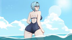 ass beach bikini blackcapbandit blue_hair bodysuit eula_(genshin_impact) genshin_impact thick_thighs