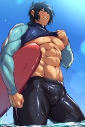 1boy abs bara black_hair bulge fit gay getter_robo inverted_nipples jpeg male male_only muscles muscular new_getter_robo nipples puffy_nipples ryoma_nagare shiny_skin shirt_lift short_hair solo surfboard surfer tanned thick_thighs thirty_8ght water wet_clothes wet_skin wetsuit