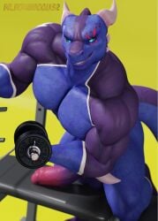 absurd_res anthro artist_name balls barazoku biceps big_muscles big_penis digital_media_(artwork) dragon drboumboom32 dumbbell erection exercise foreskin genitals hi_res horn huge_cock huge_muscles humanoid_genitalia humanoid_penis kneeling looking_at_viewer male male_focus male_only muscular muscular_anthro muscular_male non-mammal_balls nude pecs penis scales scalie selfie simple_background smile smirk solo solo_male standing teeth valorlynz wao_(e-zoid) weight_bench weightlifting weights workout yellow_background