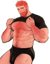 1boy abs arm_hair bara chest_hair clothed clothing dopq hairy hairy_arms hairy_chest large_pectorals male male_only muscle muscles muscular nipples pecs pectorals red_hair shirt shirt_lift shirt_up