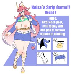 big_breasts exposed_breasts gatocartoon horns keira_(oc) pink_hair short_skirt strip_game twitter_poll_series