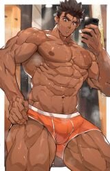 1boy 1male abs bara big_arms black_hair bulge bulge_through_clothing dark-skinned_male dark_skin large_pectorals looking_down male male_only muscle muscles muscular muscular_arms navel nipples pecs pectorals smartphone sousuke000 sweat sweating underwear underwear_only wet wet_body wet_skin