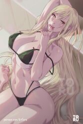 1girls arttoru bakemonogatari big_breasts black_bikini_top black_thong blonde_hair bulging_breasts curvaceous curvy_figure elf_ears erect_nipples finger_in_mouth kiss-shot_acerola-orion_heart-under-blade long_hair monogatari_(series) nipple_bulge oshino_shinobu pointy_ears smiling_at_viewer solo_female tagme voluptuous_female