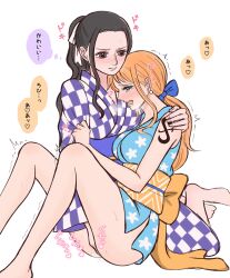 2girls bangs black_hair blush breasts brown_eyes clothed_female collarbone earrings female female_only fingering full_body heart hoshi_sksm japanese_clothes jewelry kimono kunoichi long_hair multiple_girls nami nico_robin onami one_piece open_mouth orange_hair orobi ponytail post-timeskip saliva saliva_trail sweat tattoo thighs trembling_legs yuri