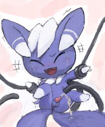 bronzecatworld felid feline feral generation_6_pokemon genitals laugh male mammal meowstic nintendo peeing penis pokemon pokemon_(species) simple_background solo tickling video_games