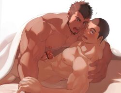 2boys after_kiss arm_veins bara beard bearded big_arms blanket brown_hair crowxxxxxxxxxx facial_hair gay large_pectorals male male/male male_only muscle muscles muscular muscular_arms nipples pecs pectorals penis penis_out penis_rub tagme veins