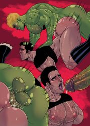 2boys anal_sex ass bara big_balls black_shirt blonde_hair cum_in_ass cum_in_mouth dominant_male domination frank_castle gay green_body hairy_chest half_naked hand_on_head huge_ass huge_cock huge_nipples hulkling hunk male male_only male_penetrating_male marvel marvel_comics monster_cock muscles muscular_male nipples nude_male penis_in_ass punisher smiling teddy_altman tom_cray tongue_out uncensored veiny_penis yaoi young_avengers