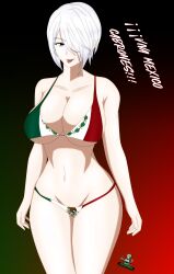 1girls angel_(kof) aqua_eyes big_breasts big_thighs bikini breasts cleavage curvy female female_only flag_bikini flag_print hair_over_one_eye king_of_fighters light-skinned_female light_skin lips looking_at_viewer mexican mexican_female mexican_flag_bikini mexico noir-black-shooter short_hair silver_hair snk solo spanish_text text thick thick_hips thick_thighs thighs tongue tongue_out wide_hips