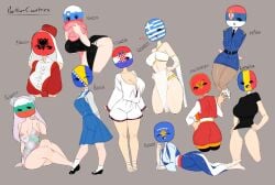 10girls 6+girls albania_(countryhumans) bikini bosnia_and_herzegovina_(countryhumans) bulgaria_(countyhumans) clothed clothes_lift clothing countryhumans countryhumans_girl croatia_(countryhumans) dress flawsy greece_(countryhumans) hat kosovo_(countryhumans) lowres montenegro_(countryhumans) panties romania_(countryhumans) serbia_(countryhumans) shirt shoes sitting slovenia_(countryhumans) standing text