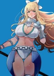 1girls absurdres armor ass_visible_through_thighs bare_thighs big_breasts bikini bikini_armor blonde_hair blue_background blue_eyes blush bow breasts charlotte_(fire_emblem) cleavage closed_mouth commentary cowboy_shot expressionless female female_only fire_emblem fire_emblem_fates floating_hair hairbow hand_on_own_chest highres holding holding_weapon inner_thighs large_breasts lips long28 long_hair looking_at_viewer navel nintendo panties shoulder_armor simple_background solo solo_female standing stomach swimsuit thick_thighs thigh_gap thighs underwear vambraces very_long_hair weapon white_bikini white_bow white_panties wind