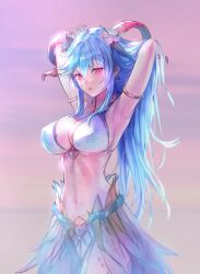 1girls alternate_costume armlet armpits arms_up bangs bikini blue_hair breasts cleavage commentary_request covered_nipples curled_horns female female_only fire_emblem fire_emblem_heroes flower freyja_(fire_emblem) freyja_(summer)_(fire_emblem) goat_horns grey_hair hair_between_eyes hair_flower hair_ornament highres horns jewelry large_breasts long_hair looking_at_viewer navel nintendo official_alternate_costume orange_sky outdoors pelvic_curtain pink_eyes pink_flower plant red_horns sidelocks sky solo stomach swimsuit t_misaomaru underboob very_long_hair vines white_bikini white_swimsuit