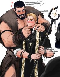 2boys bara beard bearded big_arms black_hair blonde_hair chest_hair daddy dopq facial_hair gay hairy hairy_chest healer height_difference large_pectorals male male_only muscle muscles muscular muscular_arms pecs pectorals