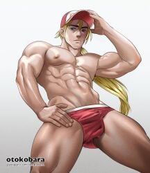 1boy abs big_arms blonde_hair bulge bulge_through_clothing fatal_fury half_naked hat king_of_fighters large_pectorals long_hair long_hair_male male_only muscle muscles muscular muscular_arms nipples otokobara pecs pectorals red_underwear terry_bogard underwear underwear_only