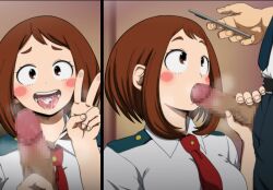 1boy 1girls accurate_art_style blowjob censored cum cum_in_mouth cum_on_tongue hazama_null my_hero_academia ochako_uraraka official_style shounen_jump tongue tongue_out