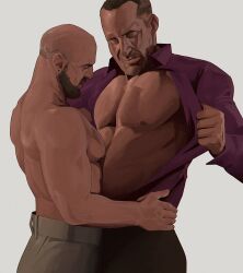 2boys bald bald_man beard bearded crispyy_art daddy dilf gay half_naked hand_on_hip height_difference jacket_open male male_only muscle muscles muscular nipples pecs pectorals shirtless tagme