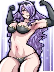 1girls black_panties bra breasts camilla_(fire_emblem) cleavage elbow_gloves female female_only fire_emblem fire_emblem_fates flexing gloves horns inabakun00 large_breasts long_hair looking_at_viewer nintendo panties pink_eyes pose purple_hair smile solo underwear very_long_hair