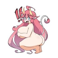 big_breasts exposed_breasts gatocartoon gatocartoon1911 horns keira_(oc) nude nude_female pink_hair pussy strip_game surprised_expression vagina