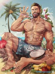 beach beard bearded brown_hair bulge bulge_through_clothing chest_hair daddy dilf facial_hair hairy hairy_chest half_naked large_pectorals male_only muscle muscles muscular muscular_arms nipples original pecs pectorals shorts shorts_only suamaru0808