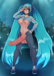 1futa areolae balls big_balls big_breasts blue_eyes blue_hair breasts breasts_out clothed clothing erection functionally_nude futa_only futanari hatsune_miku horsecock huge_cock human human_with_animal_genitalia human_with_horsecock lifted_shirt light-skinned_futanari light_skin long_hair long_penis looking_at_viewer nipples nivelli one_eye_closed partially_clothed penis photoshoot public public_exposure solo standing tattoo twintails very_long_hair vocaloid