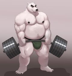 1boy 2022 anthro arm_hair barazoku barbell barefoot belly biceps big_belly big_bulge big_muscles bin_(artist) black_eyebrows body_hair bulge chest_hair claws clothing deadlift exercise eyebrows facial_hair feet fur grey_background happy_trail hi_res huge_muscles humanoid_feet jockstrap leg_hair male male_only mammal musclegut muscular muscular_anthro muscular_male navel nipples pecs plantigrade polar_bear pubes simple_background smile solo standing thick_thighs tuft underwear ursid ursine weightlifting white_body white_fur workout