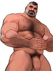 1boy 1male bara beard bearded big_arms chest_hair daddy dilf dopq facial_hair gay hairy hairy_chest large_pectorals male male_only muscle muscles muscular muscular_arms naked nipples old_man pecs pectorals penis penis_out solo white_hair