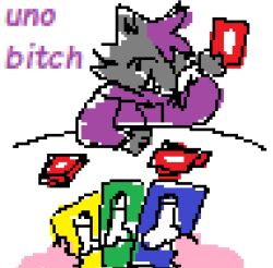 anthro canid canine canis card dialogue duo eyebrows fox fur furniture genitals grey_body grey_fur hair holding_object humanoid juicyjoober369 leaning leaning_forward male male/male mammal penis pink_body purple_hair sirmiausalot smile table uno wolf