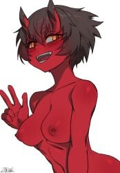 1girls black_hair fangs female kidouko_(zakusi) looking_at_viewer medium_breasts nude oni oni_horns orange_eyes original red-skinned_female red_oni red_skin short_hair source_request topless zakusi